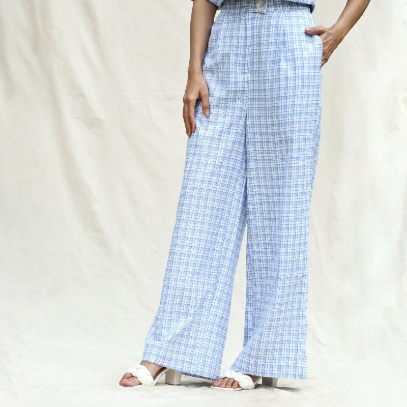 Cropped Women's Corduroy Pants in Autumn ColorsPowder Blue Checks Cotton High-Rise Wide Legged Pant Cropped Women's Corduroy Pants in Autumn ColorsPowder Blue Checks Cotton High-Rise Wide Legged Pant