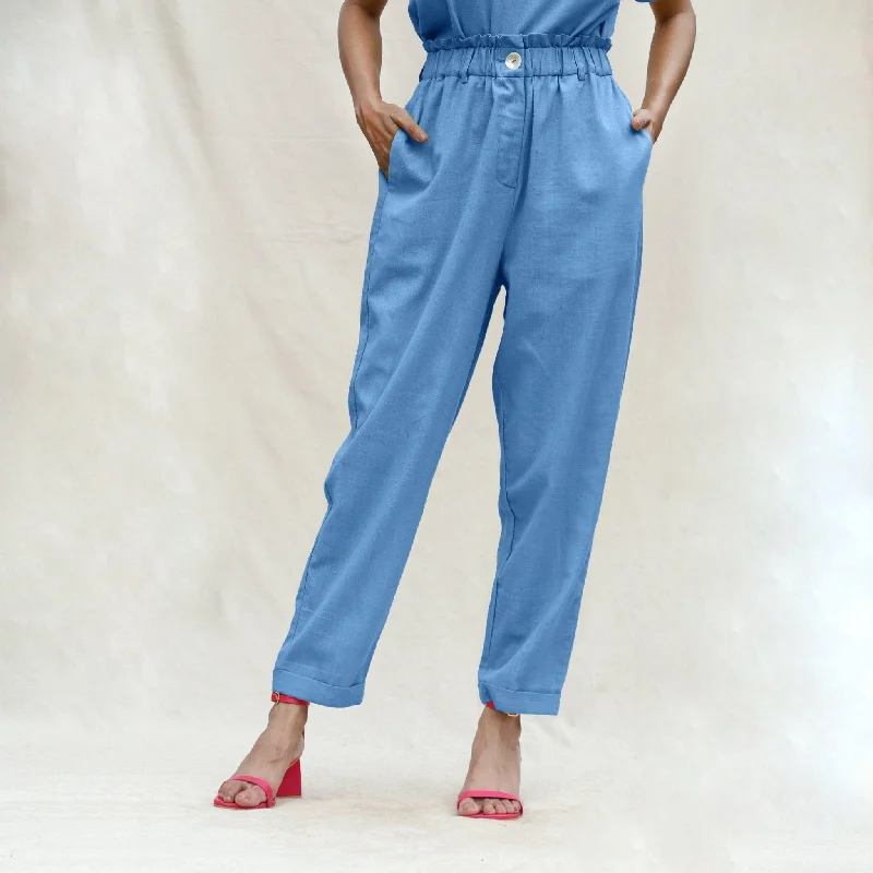 Palazzo Style Women's Printed Trousers in Bohemian PatternsPowder Blue Handspun Cotton High-Rise Elasticated Paperbag Pant Palazzo Style Women's Printed Trousers in Bohemian PatternsPowder Blue Handspun Cotton High-Rise Elasticated Paperbag Pant