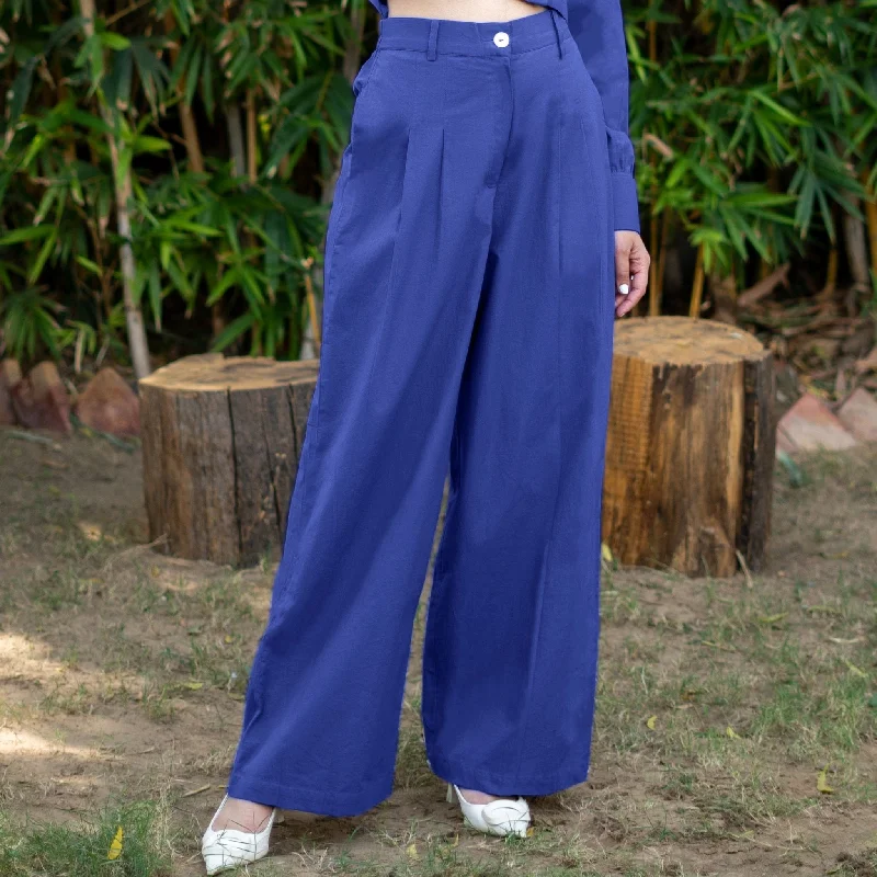 Flare Leg Women's Satin Trousers for a Glamorous Night OutRoyal Blue Cotton Poplin High-Rise Elasticated Pleated Wide Legged Pant Flare Leg Women's Satin Trousers for a Glamorous Night OutRoyal Blue Cotton Poplin High-Rise Elasticated Pleated Wide Legged Pant