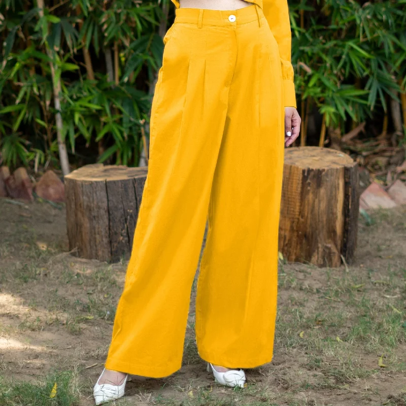 Cropped Women's Corduroy Pants in Autumn ColorsYellow Cotton Poplin High-Rise Elasticated Pleated Wide Legged Pant Cropped Women's Corduroy Pants in Autumn ColorsYellow Cotton Poplin High-Rise Elasticated Pleated Wide Legged Pant