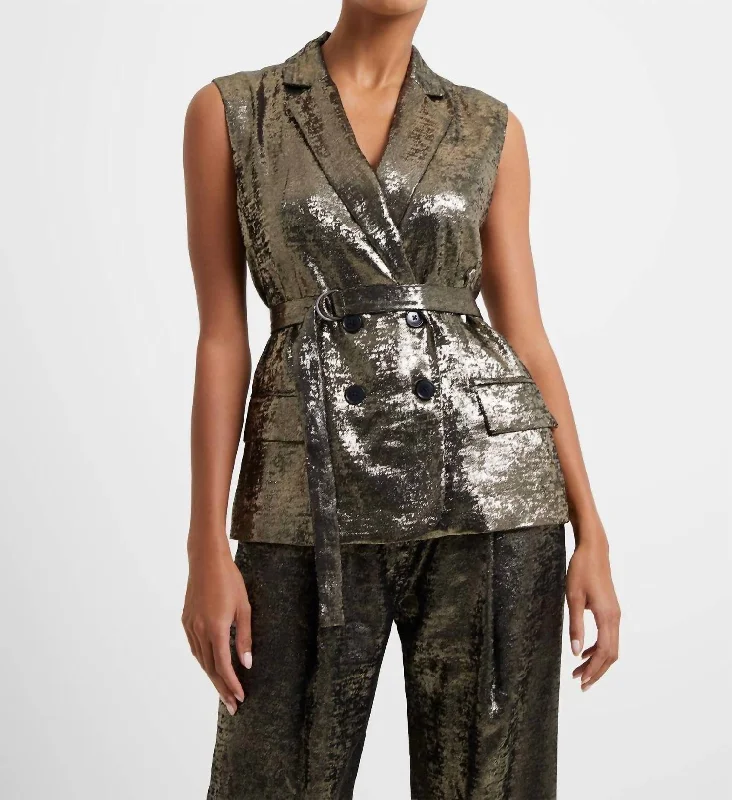 Oversized Women's Printed Blazers in Animal Patterns for a Statement PieceAlara Molten Sleeveless Gilet In Metallic Oversized Women's Printed Blazers in Animal Patterns for a Statement PieceAlara Molten Sleeveless Gilet In Metallic