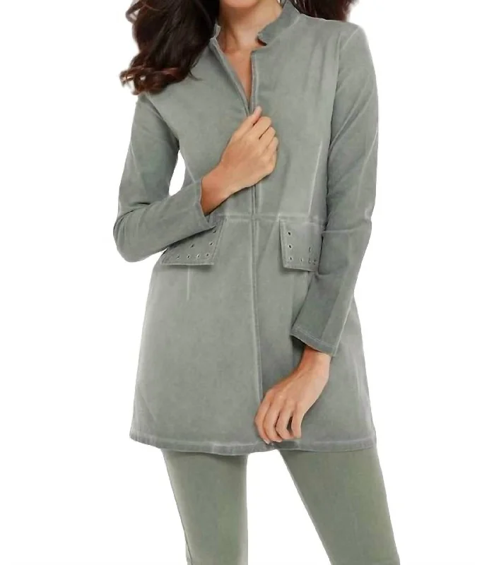 Women's Longline Linen Blazers in Pastel Colors for Summer EventsAmaya Long Grommet Jacket In Olive Women's Longline Linen Blazers in Pastel Colors for Summer EventsAmaya Long Grommet Jacket In Olive