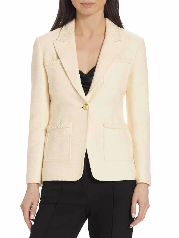 Women's Longline Linen Blazers in Pastel Colors for Summer EventsAssila Single Breasted Braid Trim Jacket In Ecru Women's Longline Linen Blazers in Pastel Colors for Summer EventsAssila Single Breasted Braid Trim Jacket In Ecru