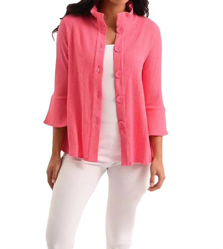 Plus Size Women's Ruffled Blazers in Pink for a Girly and Fashionable LookKara 3/4 Jacket In Fuchsia Plus Size Women's Ruffled Blazers in Pink for a Girly and Fashionable LookKara 3/4 Jacket In Fuchsia