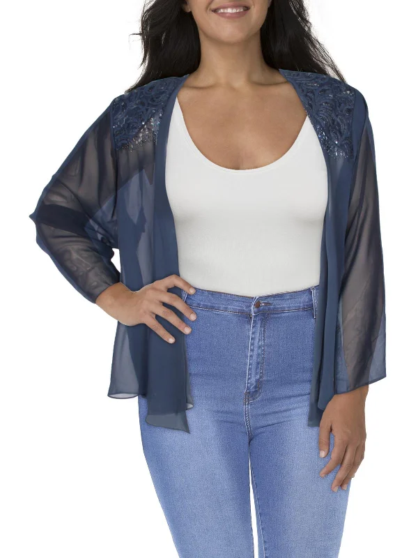 Double - Breasted Women's Leather Blazers in Taupe for an Edgy LookPlus Womens Chiffon Embellished Collarless Blazer Double - Breasted Women's Leather Blazers in Taupe for an Edgy LookPlus Womens Chiffon Embellished Collarless Blazer