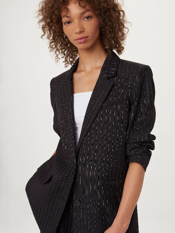 Plus Size Women's Ruffled Blazers in Pink for a Girly and Fashionable LookThe Striped 2-Button Blazer in Charcoal Grey Plus Size Women's Ruffled Blazers in Pink for a Girly and Fashionable LookThe Striped 2-Button Blazer in Charcoal Grey