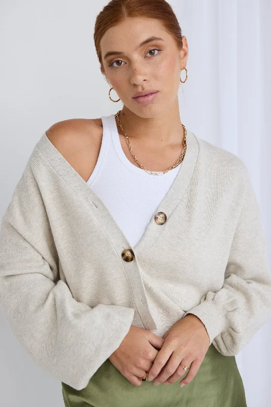 long length women cardigan with side slitsAgatha Oat Fine Knit Cardigan