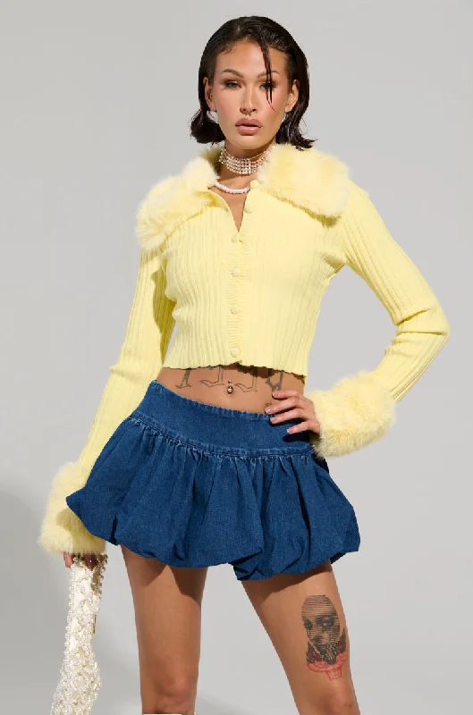 cropped women cardigan to pair with high - waisted jeansANGEL EYES FUR TRIM CARDIGAN IN YELLOW cropped women cardigan to pair with high - waisted jeansANGEL EYES FUR TRIM CARDIGAN IN YELLOW
