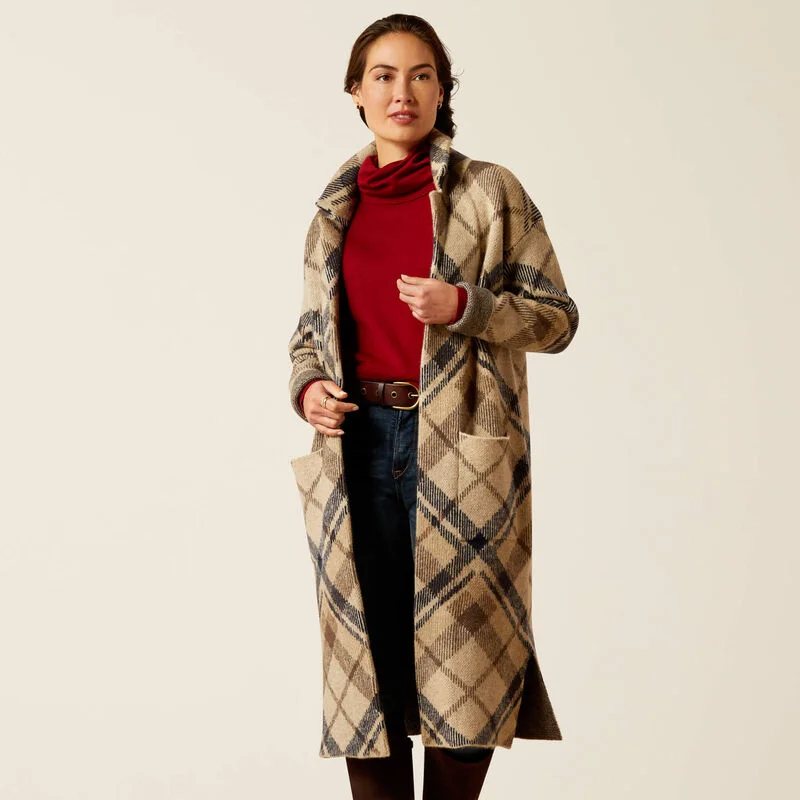 Mid - length women's down coats in a slim fit for a modern and sleek appearanceAriat Ladies Ballston Cardigan Oatmeal Plaid Mid - length women's down coats in a slim fit for a modern and sleek appearanceAriat Ladies Ballston Cardigan Oatmeal Plaid