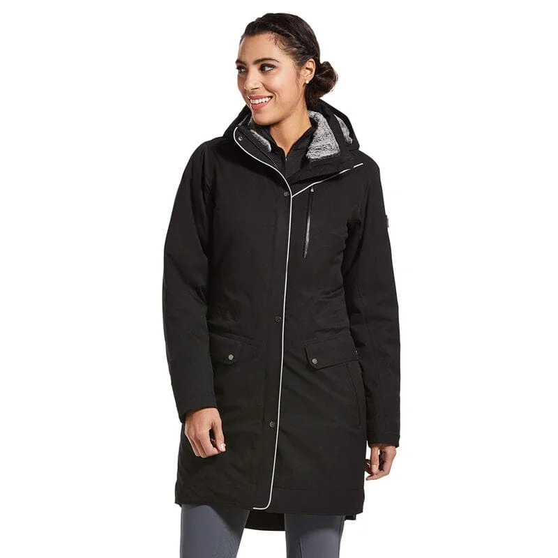 Long women's mac coats in a lightweight fabric for spring showersAriat Ladies Tempest Long Insulated H20 Parka Black Long women's mac coats in a lightweight fabric for spring showersAriat Ladies Tempest Long Insulated H20 Parka Black
