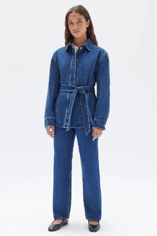 Women's Tailored Stretch Blazers in Navy Blue for Business MeetingsAssembly Denim Belted Jacket - Blue Women's Tailored Stretch Blazers in Navy Blue for Business MeetingsAssembly Denim Belted Jacket - Blue