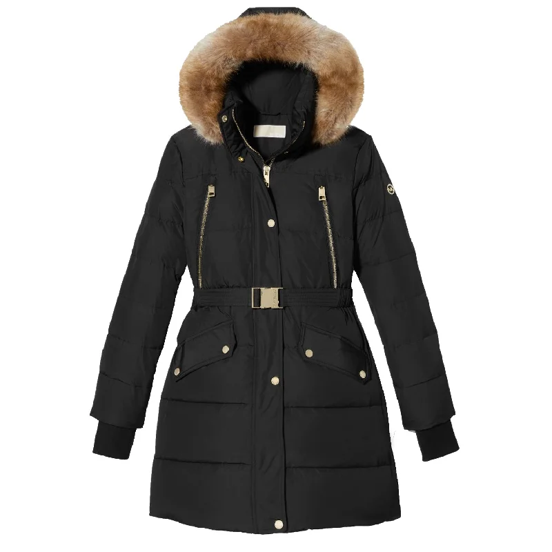 Shearling - lined women's leather coats for ultimate warmth and luxuryMichael Michael Kors Women's Black Down Belted Puffer Coat 3/4 Length Shearling - lined women's leather coats for ultimate warmth and luxuryMichael Michael Kors Women's Black Down Belted Puffer Coat 3/4 Length