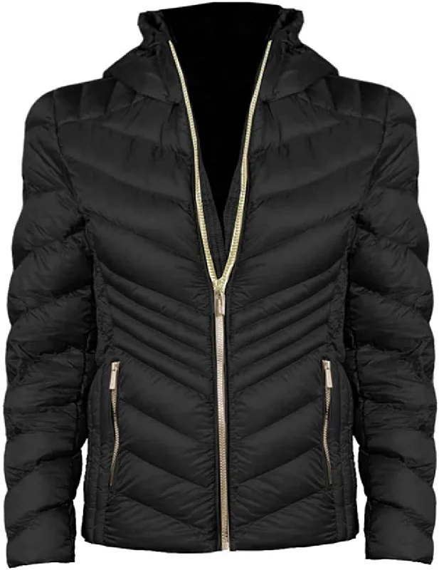 Women's pea coats with brass buttons for a nautical - inspired styleMichael Michael Kors Women's Black Chevron Double Layer Zipper 3/4 Hooded Packable Coat Women's pea coats with brass buttons for a nautical - inspired styleMichael Michael Kors Women's Black Chevron Double Layer Zipper 3/4 Hooded Packable Coat