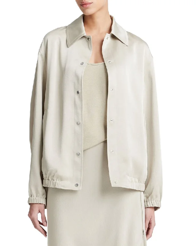 Long women's mac coats in a lightweight fabric for spring showersVince Shine Snap Front Jacket Long women's mac coats in a lightweight fabric for spring showersVince Shine Snap Front Jacket