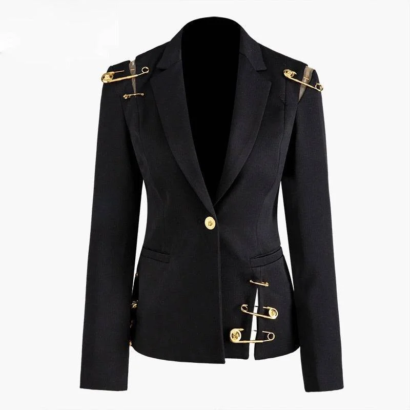 Plus Size Women's Cropped Velvet Blazers in Burgundy for a Night OutBlack Blazer With Golden Safety Pin Trims Plus Size Women's Cropped Velvet Blazers in Burgundy for a Night OutBlack Blazer With Golden Safety Pin Trims