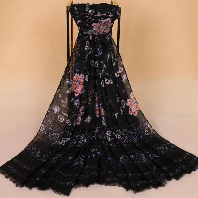 floral print women cardigan for a feminine touchBlack Floral Cotton Scarf
