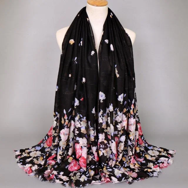 cashmere blend women cardigan for a luxurious feelBlack Floral Cotton Scarf