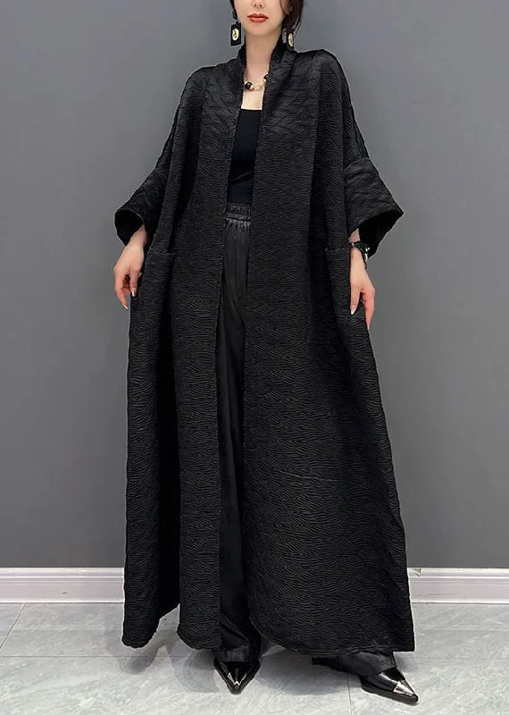 Women's reversible down coats with two - tone designs for versatile stylingBoutique Black Oversized Pockets Jacquard Silk Trench Coats Fall Women's reversible down coats with two - tone designs for versatile stylingBoutique Black Oversized Pockets Jacquard Silk Trench Coats Fall