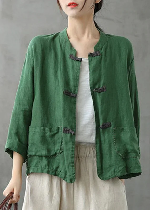 Women's longline double - breasted camel coats for a sophisticated lookBoutique Green Stand Collar Embroideried Patchwork Linen Coat Women's longline double - breasted camel coats for a sophisticated lookBoutique Green Stand Collar Embroideried Patchwork Linen Coat