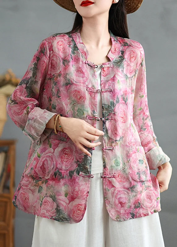 Plus size women's wool blend coats for a warm and stylish winterChinese Style Pink Print Oriental Button Linen Shirts Coat Fall Plus size women's wool blend coats for a warm and stylish winterChinese Style Pink Print Oriental Button Linen Shirts Coat Fall