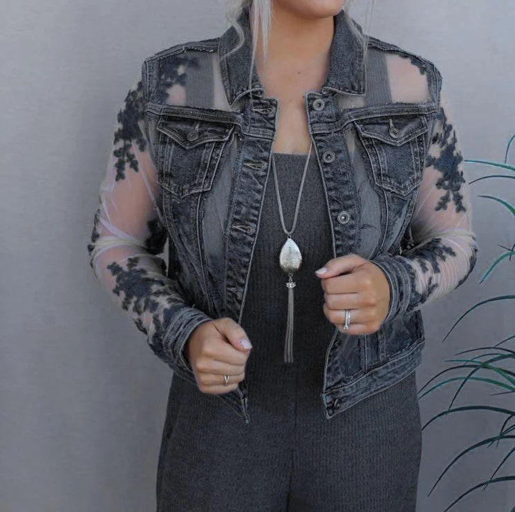 Embroidered women's cotton coats in a bohemian pattern for a unique designDenim Lace Jacket- CS20114- BLK Embroidered women's cotton coats in a bohemian pattern for a unique designDenim Lace Jacket- CS20114- BLK