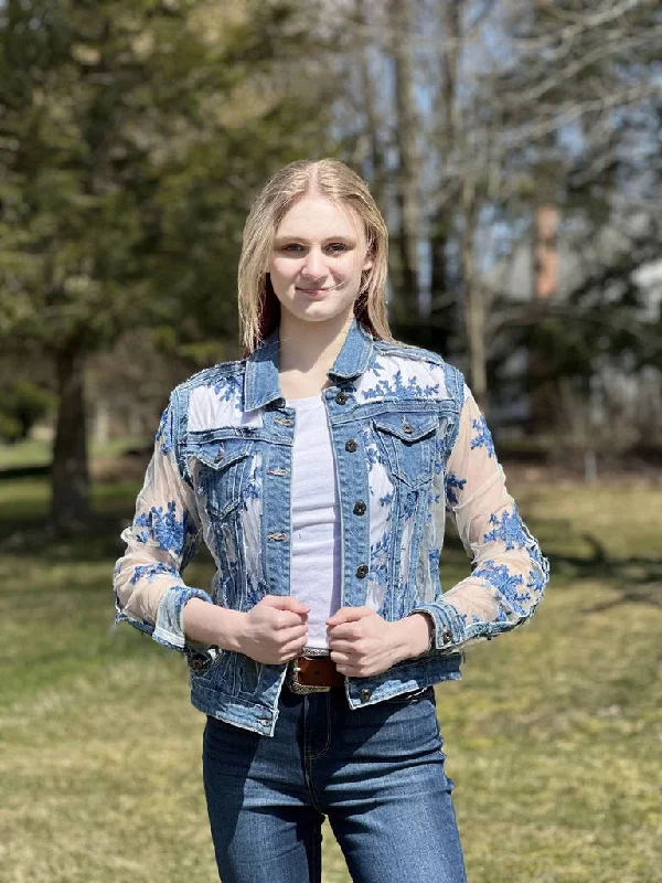 Belted women's cashmere coats in soft pastels for a luxurious feelDenim Lace Jacket- CS20114- Blue Belted women's cashmere coats in soft pastels for a luxurious feelDenim Lace Jacket- CS20114- Blue