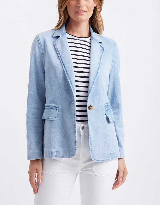 Single - Breasted Women's Linen Blend Blazers in Earth Tones for Casual WearDenim Blazer - Ice Blue Single - Breasted Women's Linen Blend Blazers in Earth Tones for Casual WearDenim Blazer - Ice Blue