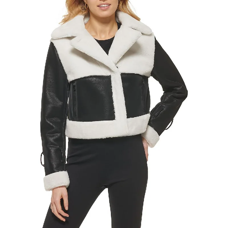 Women's knee - length wool blend coats with a fur collar for added warmthDKNY Womens Faux Suede Sherpa Bomber Jacket Women's knee - length wool blend coats with a fur collar for added warmthDKNY Womens Faux Suede Sherpa Bomber Jacket