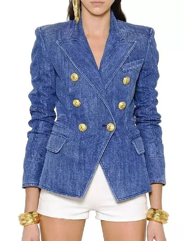 Plus Size Women's Faux Fur - Trimmed Blazers in Black for a Luxurious LookDouble Breasted Denim Blazer With Gold Buttons Plus Size Women's Faux Fur - Trimmed Blazers in Black for a Luxurious LookDouble Breasted Denim Blazer With Gold Buttons
