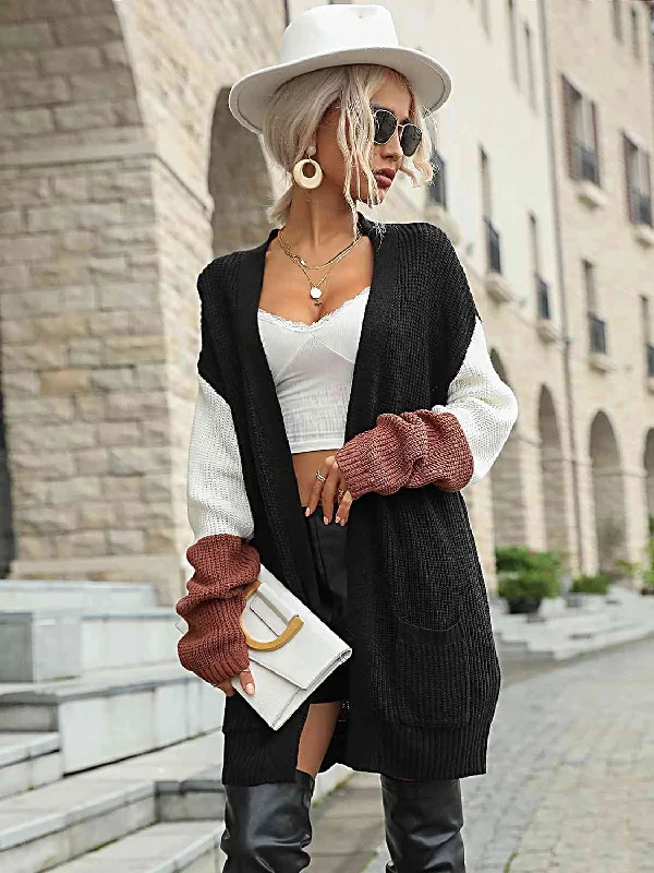 cropped women cardigan to pair with high - waisted jeansDouble Take Tricolor Dropped Shoulder Cardigan with Pockets cropped women cardigan to pair with high - waisted jeansDouble Take Tricolor Dropped Shoulder Cardigan with Pockets