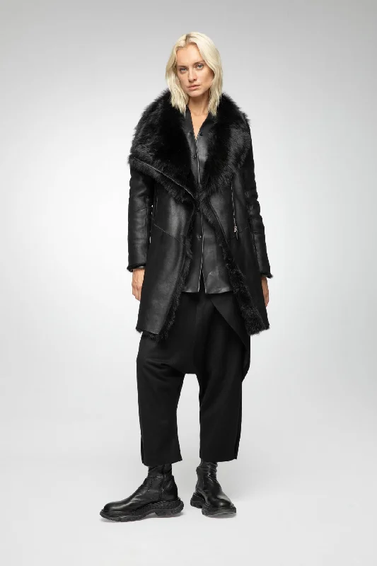 Water - resistant women's trench coats with adjustable cuffs for rainy daysElena - Black Shearling Coat Water - resistant women's trench coats with adjustable cuffs for rainy daysElena - Black Shearling Coat