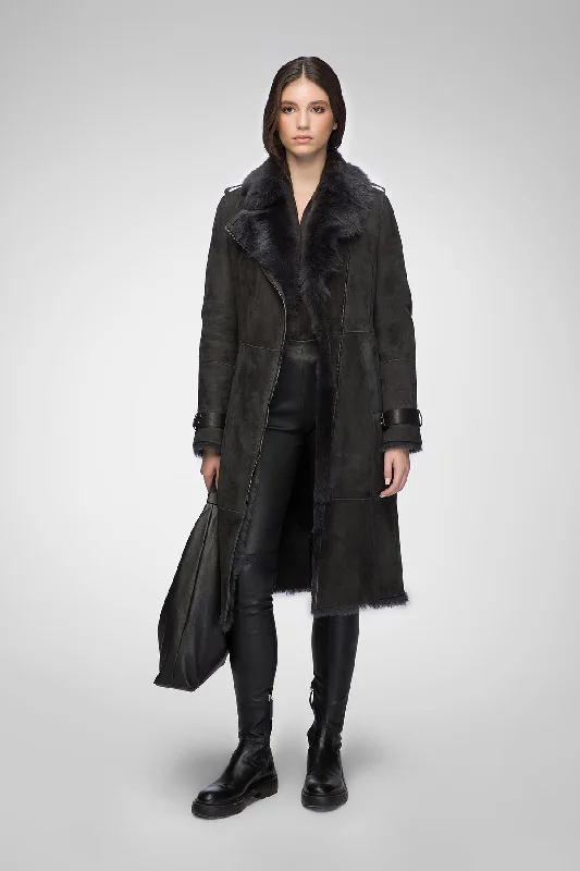 Women's reversible down coats with two - tone designs for versatile stylingHarmony - Anthracite Suede Shearling Coat Women's reversible down coats with two - tone designs for versatile stylingHarmony - Anthracite Suede Shearling Coat