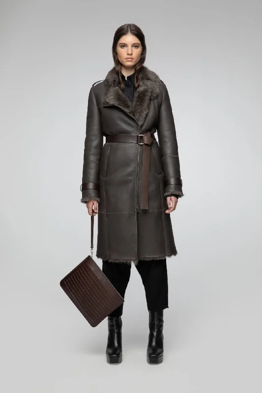Mid - length women's down coats in a slim fit for a modern and sleek appearanceHarmony - Brown Bitter Shearling Coat Mid - length women's down coats in a slim fit for a modern and sleek appearanceHarmony - Brown Bitter Shearling Coat