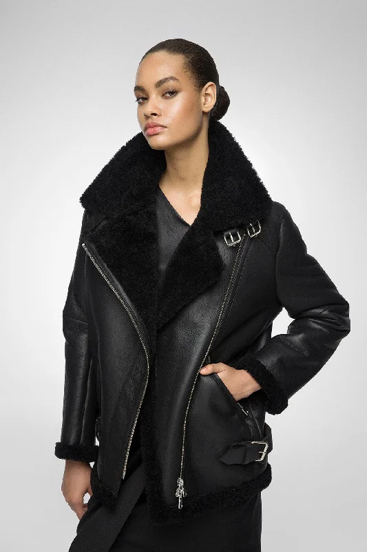 Women's long - sleeve wool coats in a houndstooth pattern for a classic charmHarper - Black Shearling Coat Women's long - sleeve wool coats in a houndstooth pattern for a classic charmHarper - Black Shearling Coat