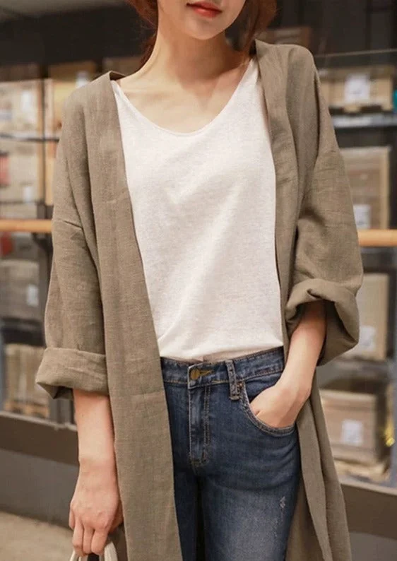 Long women's mac coats in a lightweight fabric for spring showersKhaki Fall Linen Maxi Cotton Coats Long Sleeve Long women's mac coats in a lightweight fabric for spring showersKhaki Fall Linen Maxi Cotton Coats Long Sleeve