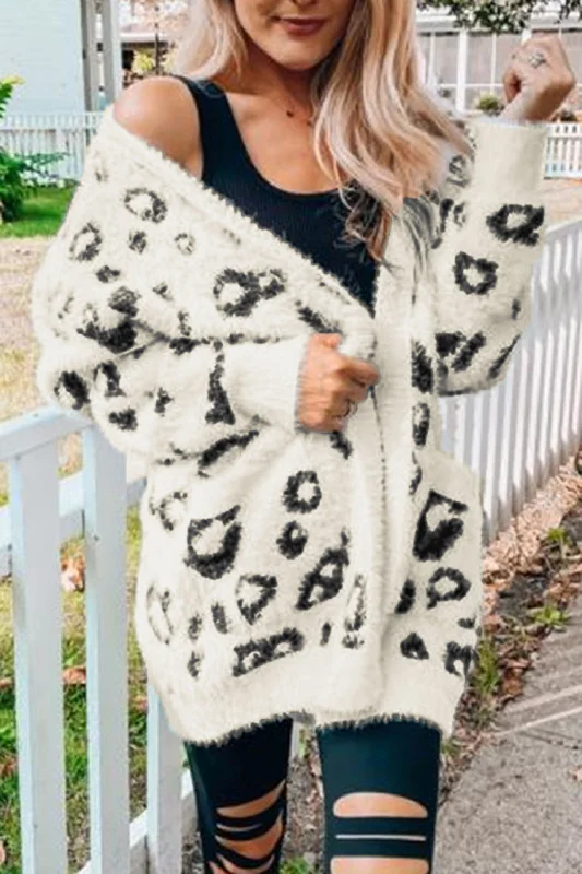 hooded women cardigan for added warmth and styleLeopard Open Front Cardigan with Pockets