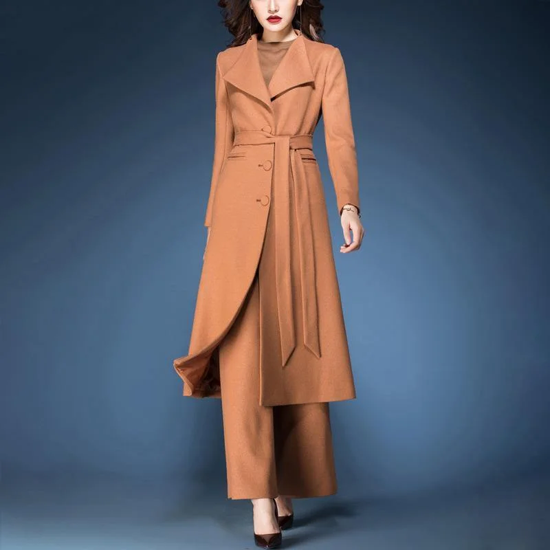 Petite women's wool blend coats with a tailored fit for a flattering silhouettenew winter fashoion two pieces woolen blended tie waist trench coats and side open wide leg pants Petite women's wool blend coats with a tailored fit for a flattering silhouettenew winter fashoion two pieces woolen blended tie waist trench coats and side open wide leg pants