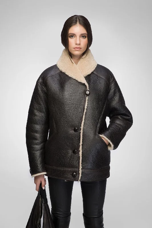 Women's pea coats with brass buttons for a nautical - inspired styleNila - Brown Beige Shearling Coat Women's pea coats with brass buttons for a nautical - inspired styleNila - Brown Beige Shearling Coat