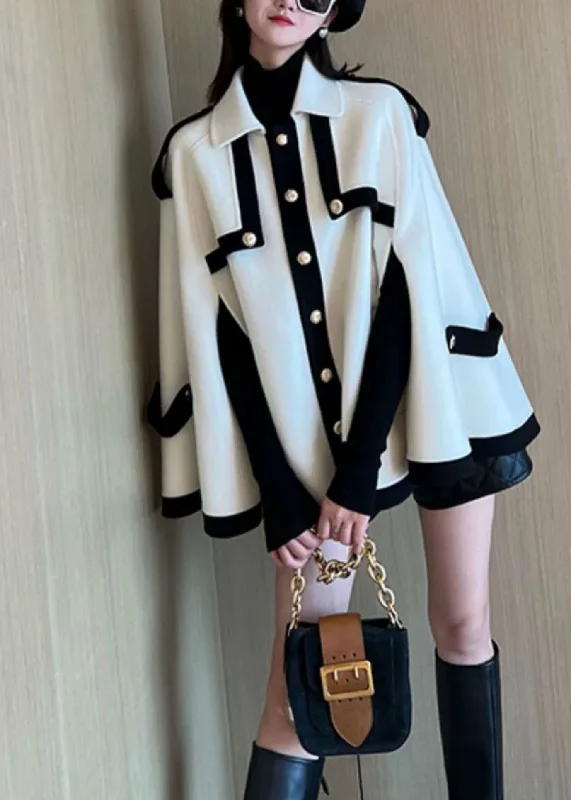 Women's long - sleeve wool coats in a houndstooth pattern for a classic charmNovelty White Peter Pan Collar Patchwork Woolen Coat Fall Women's long - sleeve wool coats in a houndstooth pattern for a classic charmNovelty White Peter Pan Collar Patchwork Woolen Coat Fall