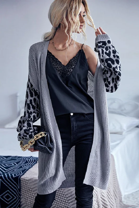 floral print women cardigan for a feminine touchPerfee Leopard Sleeves Waffle Knit Open Front Cardigan floral print women cardigan for a feminine touchPerfee Leopard Sleeves Waffle Knit Open Front Cardigan