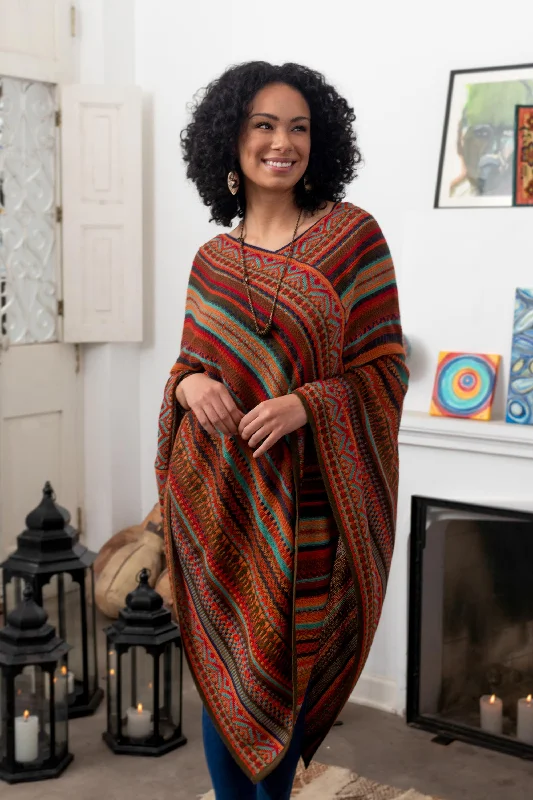 hand knitted women cardigan with artisanal charmRivers of Red Red and Multi-Color Striped Acrylic Knit Poncho hand knitted women cardigan with artisanal charmRivers of Red Red and Multi-Color Striped Acrylic Knit Poncho