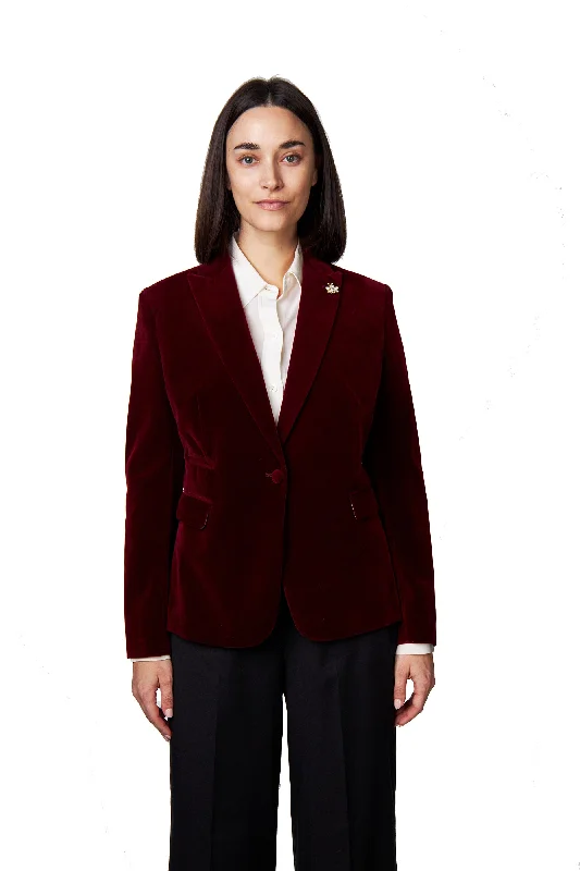 Single - Breasted Women's Tweed Blazers with Gold Buttons for a Classic LookSTELLA - LADIES MAROON VELVET BLAZER Single - Breasted Women's Tweed Blazers with Gold Buttons for a Classic LookSTELLA - LADIES MAROON VELVET BLAZER