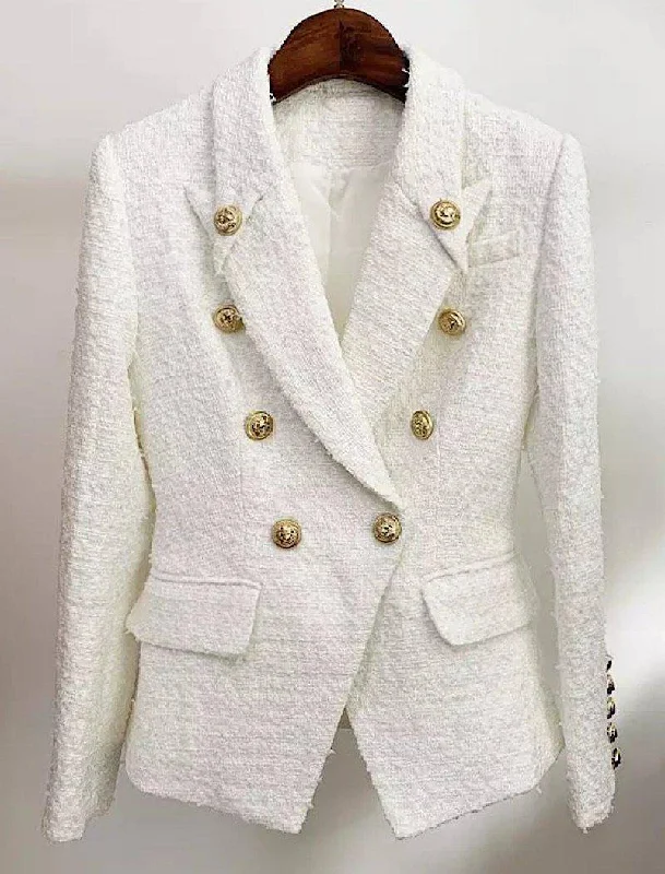 Plus Size Women's Sequin - Embellished Blazers in Silver for a Glamorous PartyWhite Tweed Blazer With Decorative Gold Buttons Plus Size Women's Sequin - Embellished Blazers in Silver for a Glamorous PartyWhite Tweed Blazer With Decorative Gold Buttons