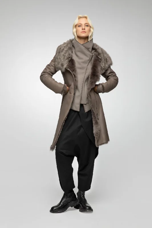 Embroidered women's cotton coats in a bohemian pattern for a unique designValerie - Nude Shearling Coat Embroidered women's cotton coats in a bohemian pattern for a unique designValerie - Nude Shearling Coat
