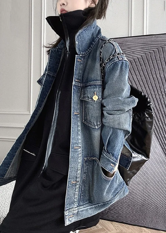 Oversized women's wool coats in a monochromatic look for a trendy outfitVintage Blue Patchwork Button Denim Coat Long Sleeve