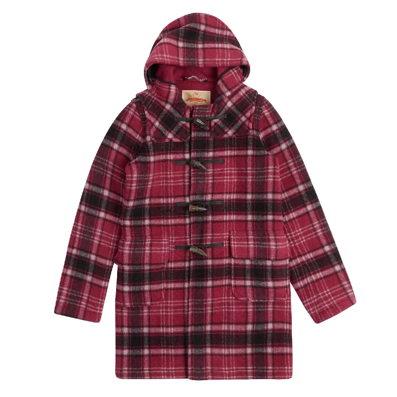 Checkered women's wool coats in a classic pattern for a timeless styleWomen’s Duffle Coat - Purple Tartan Checkered women's wool coats in a classic pattern for a timeless styleWomen’s Duffle Coat - Purple Tartan