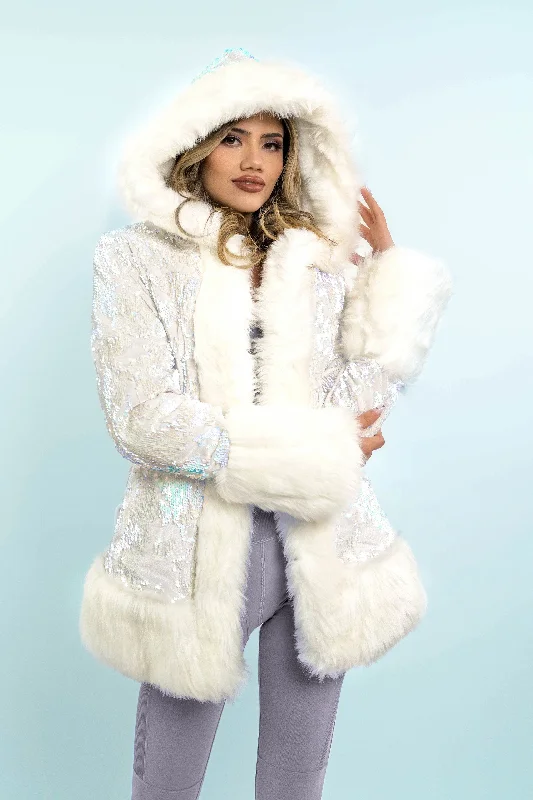 Women's longline double - breasted camel coats for a sophisticated lookWomen's Petite Playa Coat in "White Velvet Unicorn Sequin " Women's longline double - breasted camel coats for a sophisticated lookWomen's Petite Playa Coat in "White Velvet Unicorn Sequin "