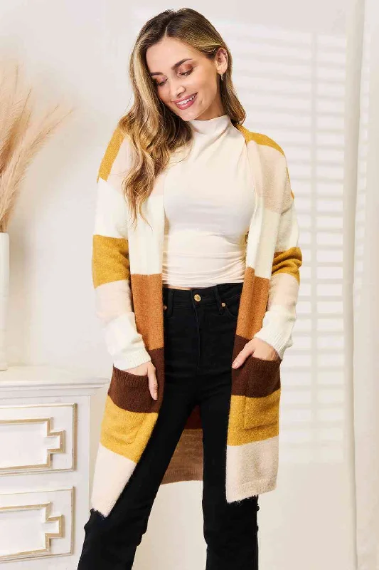 v neck women cardigan to elongate the necklineWoven Right Color Block Dropped Shoulder Cardigan