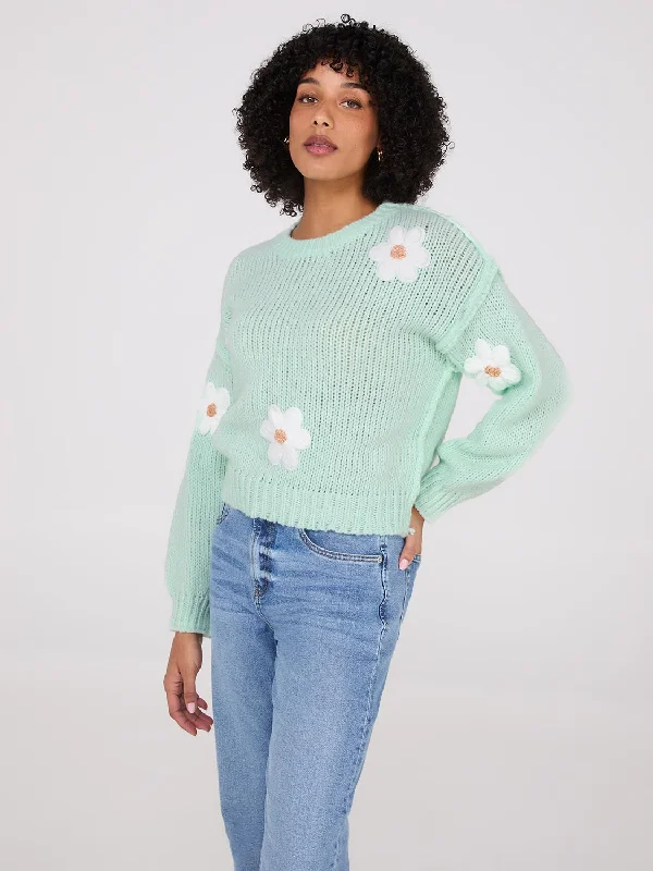 Split - Hem Women's Linen Blend Sweaters for SpringCrew Neck Sweater With Crochet Flowers Split - Hem Women's Linen Blend Sweaters for SpringCrew Neck Sweater With Crochet Flowers