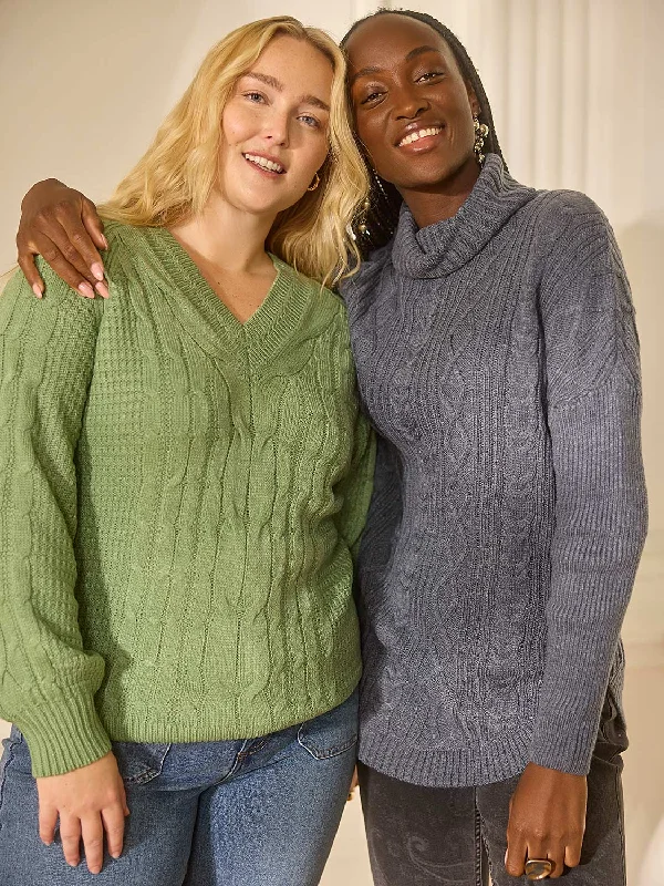 Plus Size Women's Oversized Chunky Knit SweatersCable Knit V-Neck Sweater